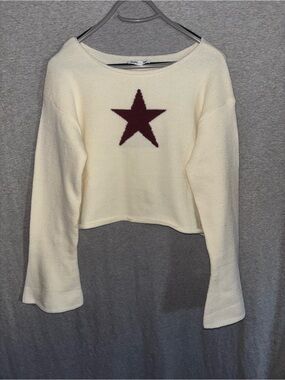 Pretty Garbage Cream Star-Front Cropped Sweater Top